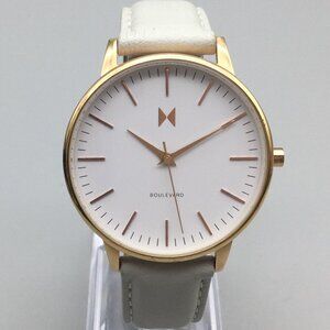 MVMT Boulevard Watch Women 38mm Gold Tone White Leather Band New Battery